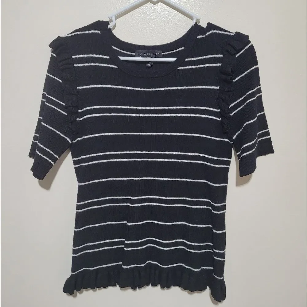 Laundry By‎ Shelli Segal Striped Rib Ruffle Sweater